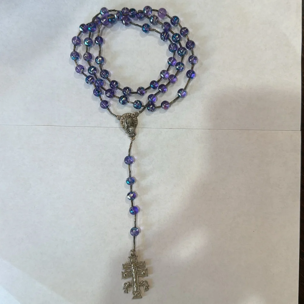 CRUZ DE CARAVACA PURPLE GEM SILVER SPACERS BEAUTIFUL ‎ CATHOLIC ROSARY